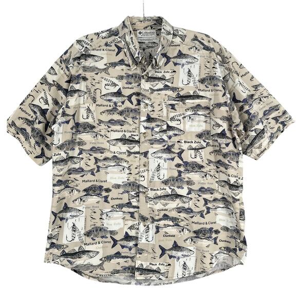 Columbia Sportswear Fish Print Collared Short Sleeve Button Up Shirt Medium - Picture 1 of 6